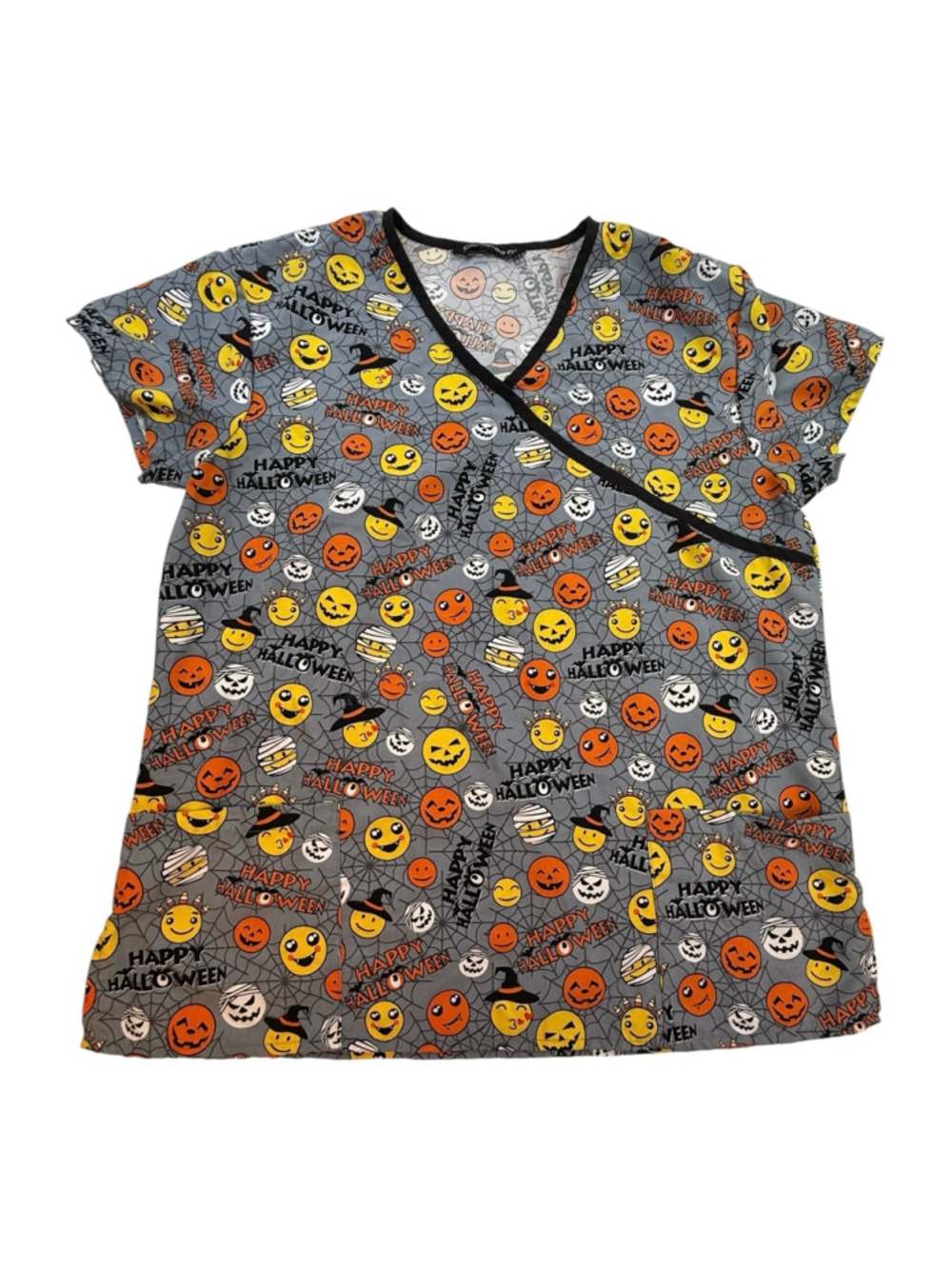 Cassandra O Halloween Scrub Top Womens Medium Gray Emoji Pumpkin Nurse Medical U